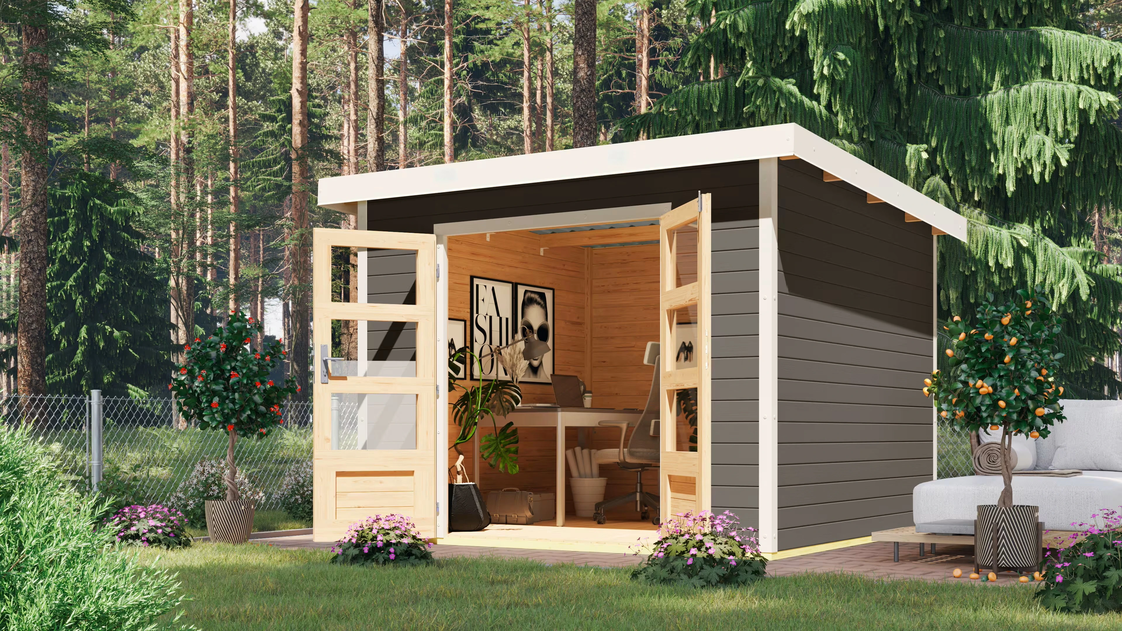 Karibu Tuinhuis Pluto B Antraciet-Wit 271 x 271 cm - Afbeelding 1